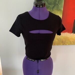Garage Black Cropped Short Sleeve Top with Slit Front